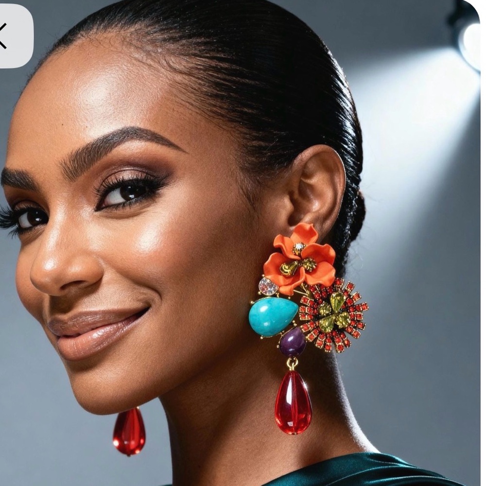 Orange Flower Statement Dangle Earrings - image 2